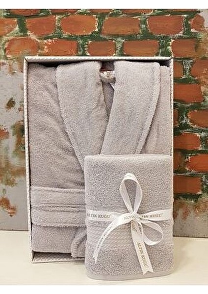 Trendy Şalyaka Bornoz + Baş Havlusu- Gri