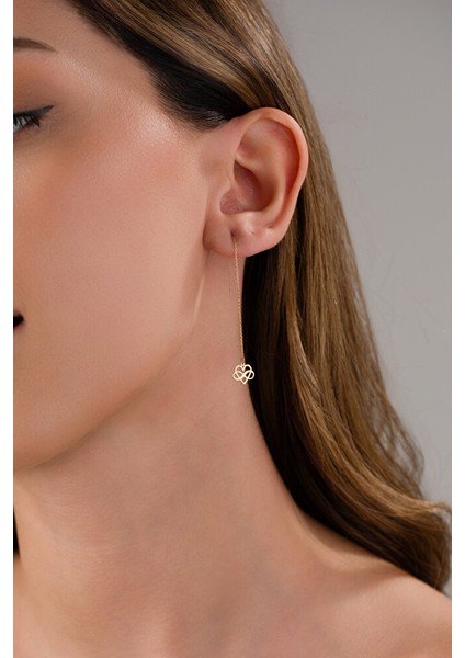 14 Ayar Altın Kalp & Sonsuzluk Tasarımlı Zincirli Küpe