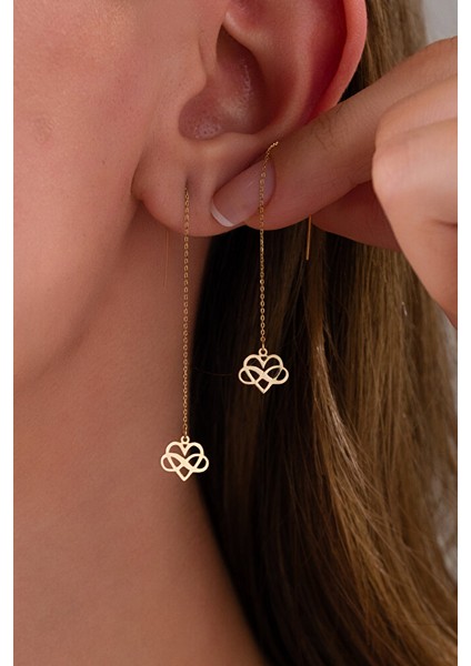 14 Ayar Altın Kalp & Sonsuzluk Tasarımlı Zincirli Küpe fiyatları