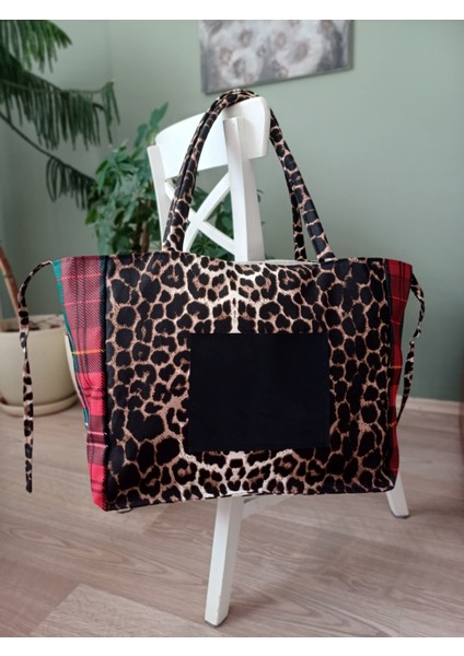 Leopar Desen Kırmızı Ekose Detaylı Çanta fiyatları