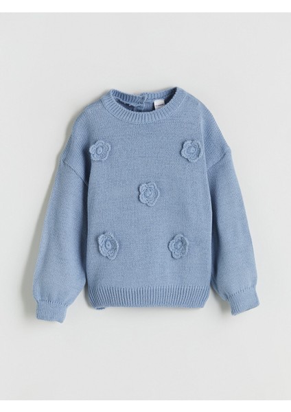 Yeni Sezon Bisiklet Yaka Nakışlı Uzun Kollu Kız Çocuk Kazak