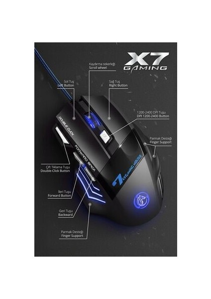 7635 X7 Rgb LED Işıklı Gaming Mouse / 7 Tuşlu Oyuncu Mouse / 1200/1600/2400 Dpı / Kumaş Kablo fiyatları