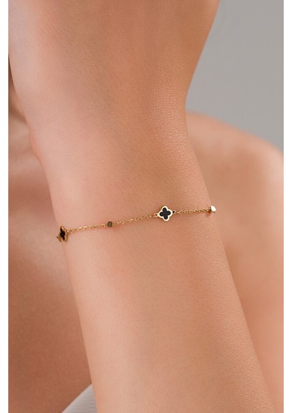 14 Ayar Altın Zarif Siyah Yonca Bileklik modelleri