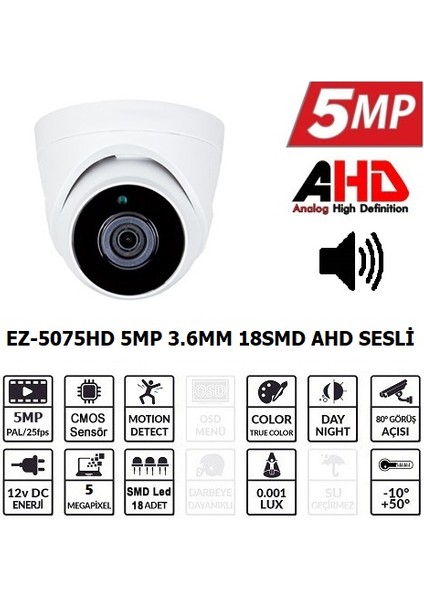 EZ-5075HD 5mp 3.6mm Smd Ahd Sesli Dome Kamera