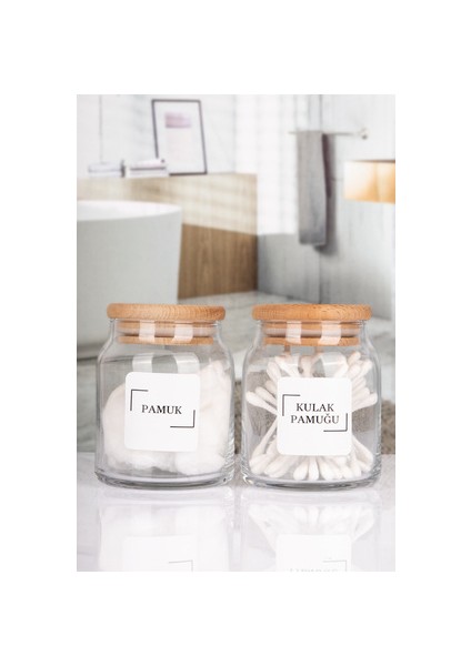 Ahşap Vakumlu Bambu Kapaklı Kulak Pamuğu ve Pamuk Kavanozu Cam 2 Li Set