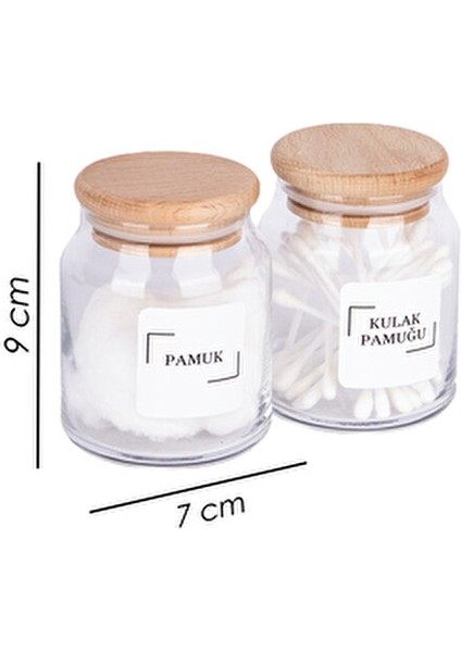Ahşap Vakumlu Bambu Kapaklı Kulak Pamuğu ve Pamuk Kavanozu Cam 2 Li Set