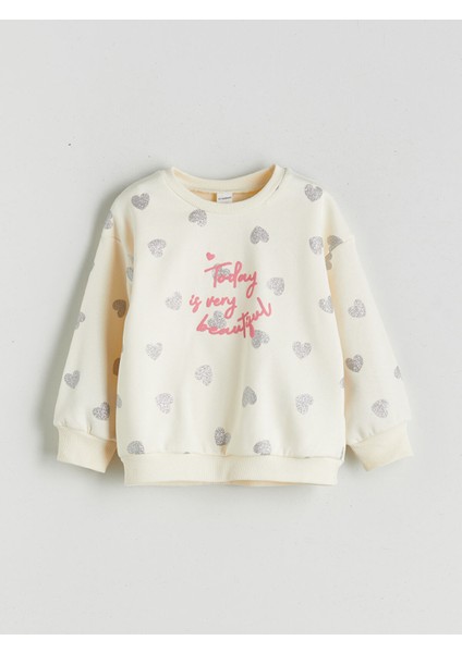 Yeni Sezon Bisiklet Yaka Kalp Baskılı Kız Çocuk Sweatshirt