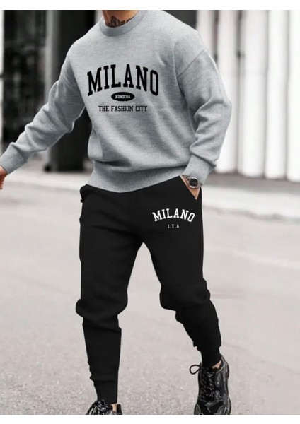 Punıx Büyük Beden Modern Tasarım Bisiklet Yaka Milano Baskılı Kışlık Erkek Eşofman Takımı