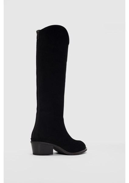 Alvione Hakiki Deri Arkadan Fermuar Detaylı Kadın Çizme- Siyah Süet fiyatları