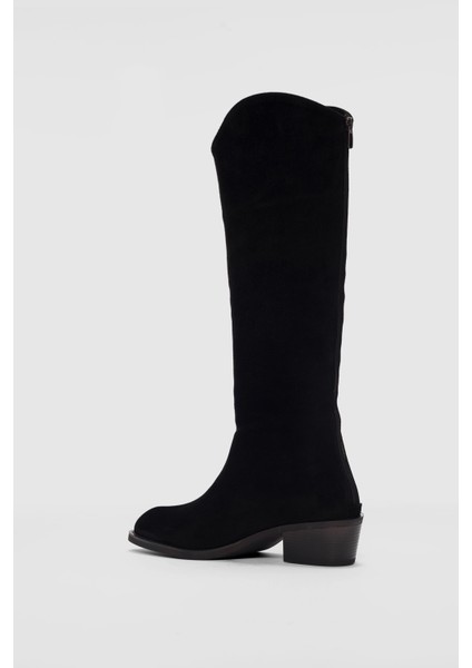 Alvione Hakiki Deri Arkadan Fermuar Detaylı Kadın Çizme- Siyah Süet modelleri