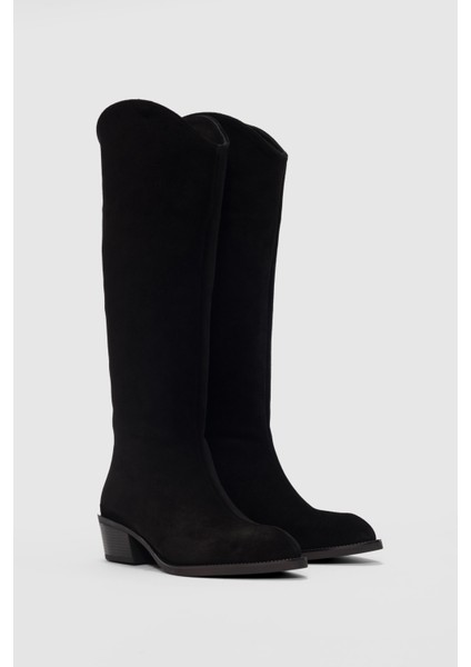 Alvione Hakiki Deri Arkadan Fermuar Detaylı Kadın Çizme- Siyah Süet fırsatları