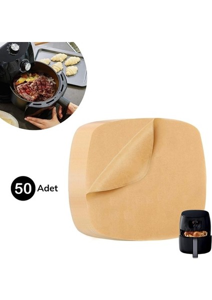 50 Adet Air Fryer Pişirme Kağıdı Tek Kullanımlık Yağ Su Geçirmez Yapışmaz Deliksiz Düz Kare Model (5067)