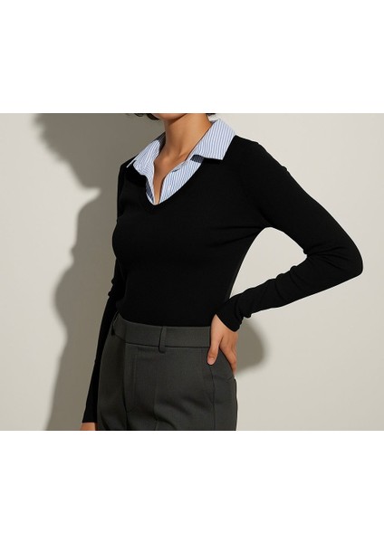 Çizgili Gömlek Detaylı Triko Bluz / Hazır Layering (Katmanlı) Basic & Ofis Şıklığı