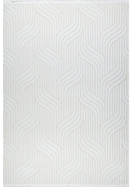 Dalga Desenli Geometrik Motif Tasarımlı Pamuk Tabanlı Salon - Oturma Odası Krem Renk Halı