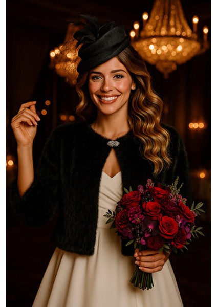 Broşlu Fransız Kollu Kürk Etol Gelin Bolero Gelin Şalı Siyah