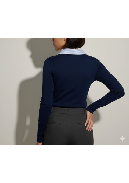 Çizgili Gömlek Detaylı Triko Bluz / Hazır Layering (Katmanlı) Basic & Ofis Şıklığı