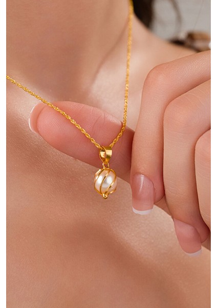 14 Ayar Altın Incili Kafesli Burgu Kolye fiyatları