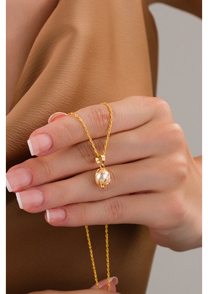 14 Ayar Altın Incili Kafesli Burgu Kolye modelleri