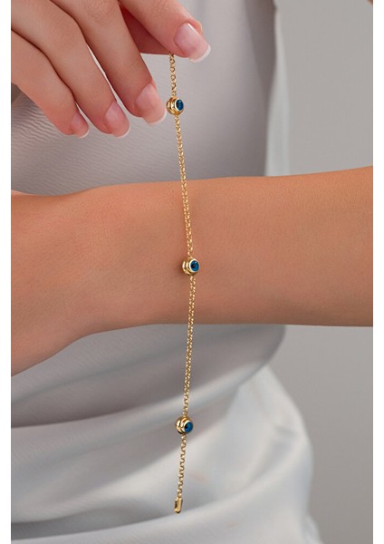 14 Ayar Altın 3 Gözlü Mavi Doç Bileklik modelleri
