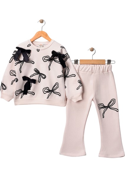 Kız Çocuk Kadife Fiyonk Desenli Ispanyol Paça 3 Iplik Şardonlu Kalın Eşofman Takımı 5-8 Yaş