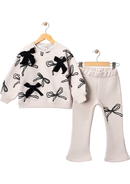 Kız Çocuk Kadife Fiyonk Desenli Ispanyol Paça 3 Iplik Şardonlu Kalın Eşofman Takımı 5-8 Yaş