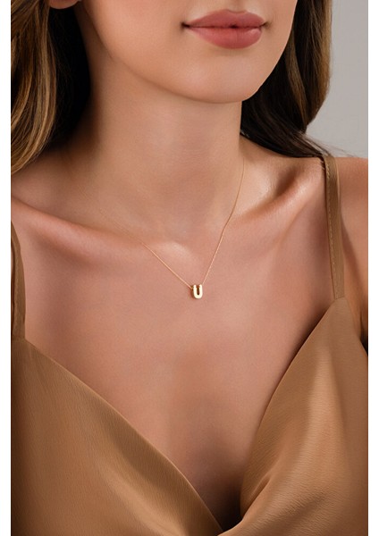 14 Ayar Altın 3 Boyutlu Ü Harfli Kolye