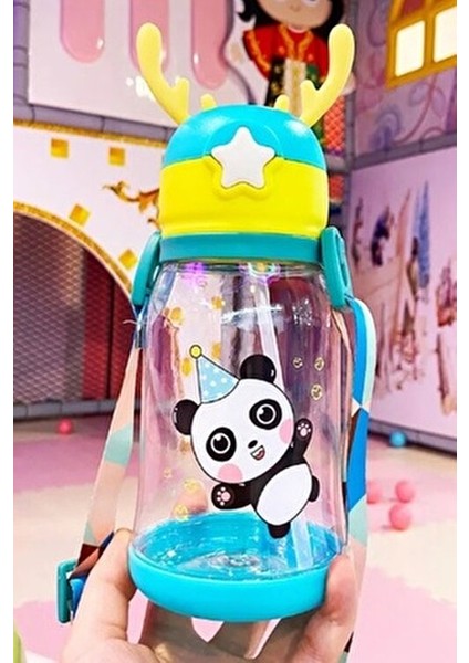 BPA İçermez Geyikli Çocuk Suluğu 500 ml Damlatmaz Taşıma Pipetli Plastik Matara