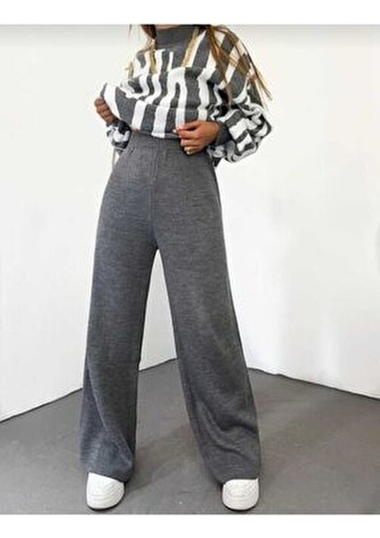 Kadın Kışlık Rahat Kalıp Bol Paça Comfort Beli Lastikli Triko Pantolon
