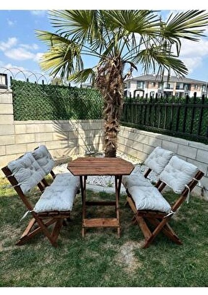 4 1 Sekizgen Bahçe Balkon Mutfak Tipi Minderli(Krem) Katlanır Masa-Sandalye Takımı