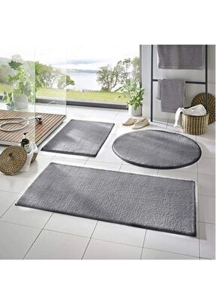 Yıkanabilir Kaymaz Tabanlı Peluş Banyo Paspası Üçlü Takım Gri Düz Desenli