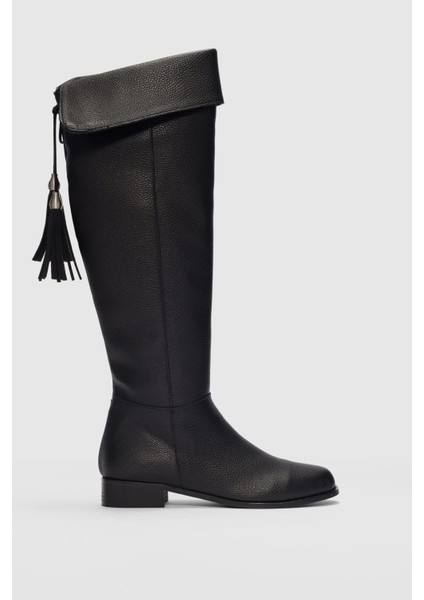 Mona Püskül Detaylı Kadın Diz Üstü Çizme-Siyah
