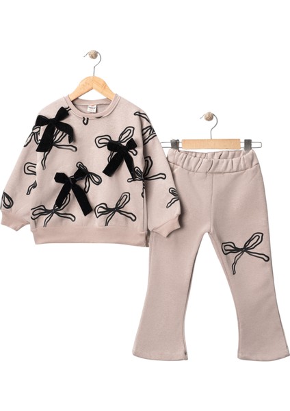 Kız Çocuk Kadife Fiyonk Desenli Ispanyol Paça 3 Iplik Şardonlu Kalın Eşofman Takımı 5-8 Yaş