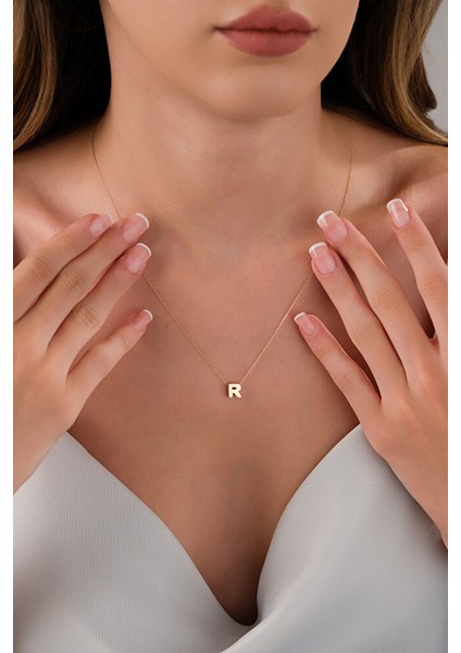 14 Ayar Altın 3 Boyutlu R Harfli Kolye