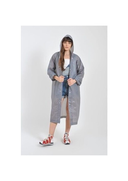 Kadın Erkek Yağmurluk Kapüşonlu Çıtçıtlı Eva Gri Yağmurluk