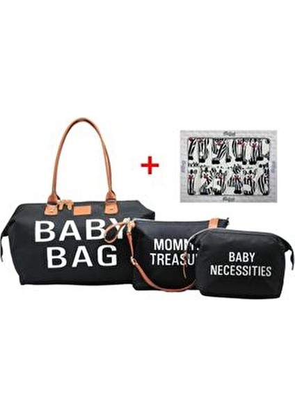 Baby Bag Tasarım 3 Lü Set Siyah Anne Bebek Bakım ve Kadın Çantası