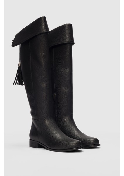 Mona Püskül Detaylı Kadın Diz Üstü Çizme-Siyah fırsatları