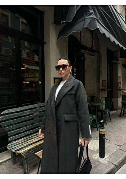 Oversize Siyah Balıksırtı Piremium Kaşe Kaban