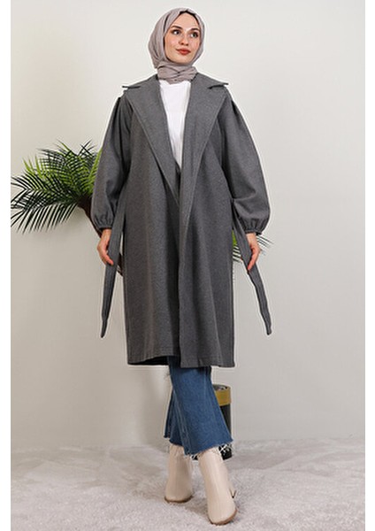 Kadın Oversize Koyu Gri Kaşe Kaban Düz Desenli Astarsız Rahat Stil