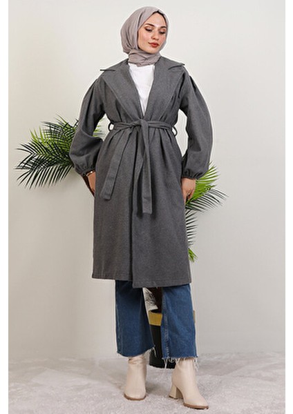 Kadın Oversize Koyu Gri Kaşe Kaban Düz Desenli Astarsız Rahat Stil fiyatları