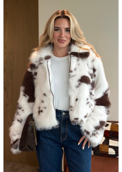 Ekru Kahverengi Desenli Fermuarlı Kürk - 85154