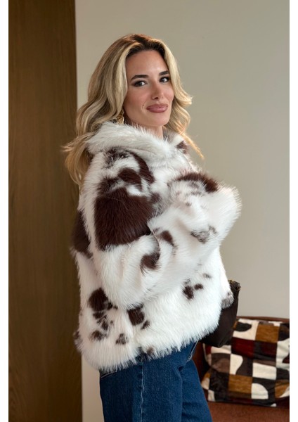 Ekru Kahverengi Desenli Fermuarlı Kürk - 85154 fiyatları