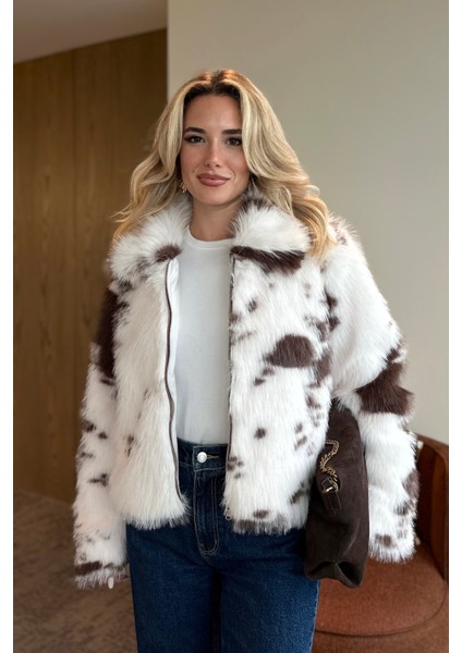 Ekru Kahverengi Desenli Fermuarlı Kürk - 85154 modelleri