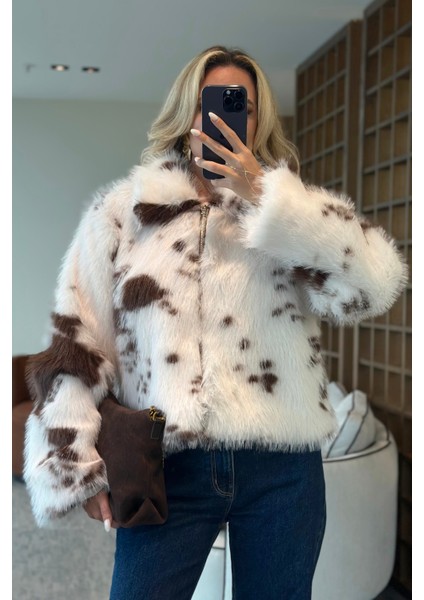 Ekru Kahverengi Desenli Fermuarlı Kürk - 85154 fırsatları