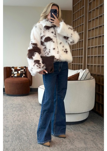 Ekru Kahverengi Desenli Fermuarlı Kürk - 85154 indirimleri