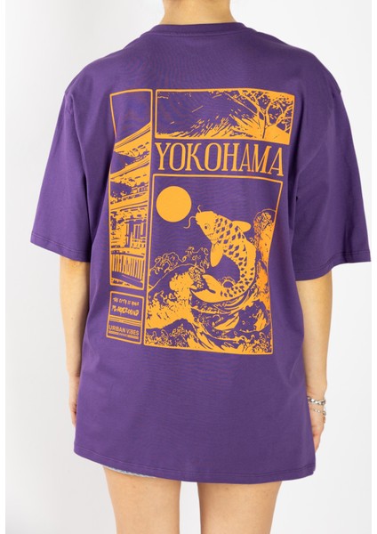 Unisex Oversize Yokohama Mor Grafik Tişört