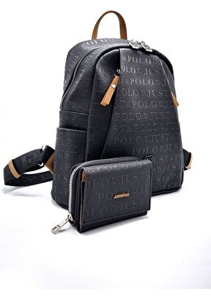 Kadın Siyah Taba 9 Bölmeli Gofraj Baskılı Sırt Çantası ve Cüzdan Kombini