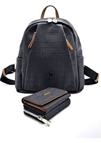Kadın Siyah Taba 9 Bölmeli Gofraj Baskılı Sırt Çantası ve Cüzdan Kombini modelleri