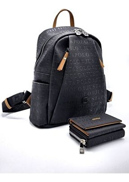 Kadın Siyah Taba 9 Bölmeli Gofraj Baskılı Sırt Çantası ve Cüzdan Kombini fırsatları