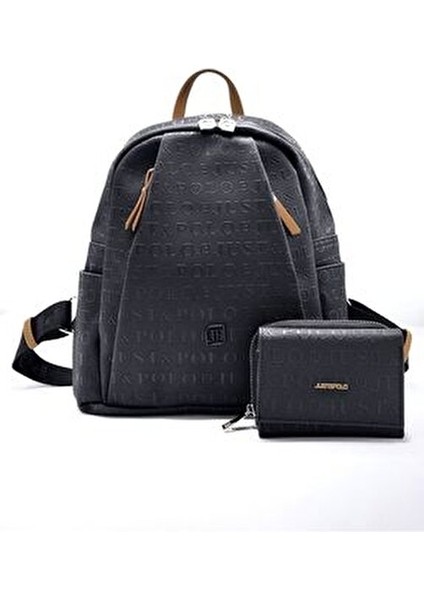 Kadın Siyah Taba 9 Bölmeli Gofraj Baskılı Sırt Çantası ve Cüzdan Kombini indirimleri