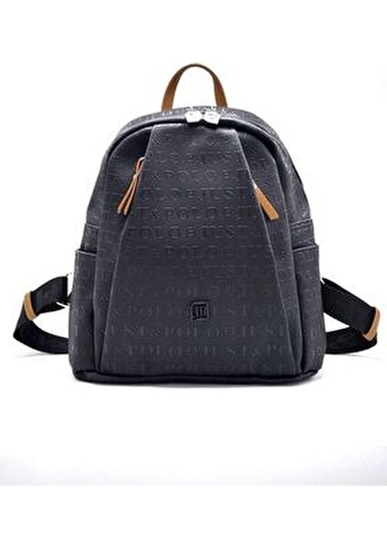 Kadın Siyah Taba 9 Bölmeli Gofraj Baskılı Sırt Çantası ve Cüzdan Kombini